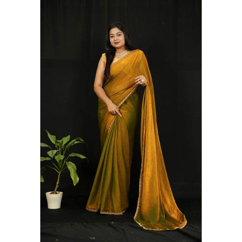 Isadora Life Womens Solid Embroidered Mustard Pre-Draped Saree With Unstitched Blouse