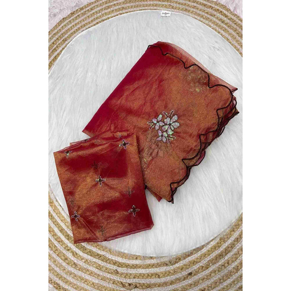 Isadora Life Womens Embroidered Sequined Rust Pre-Draped Saree With Unstitched Blouse