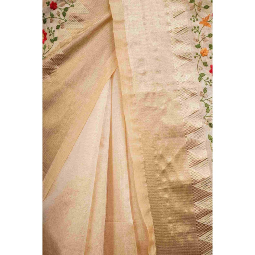 Isadora Life Womens Floral Embroidered Ivory Pre-Draped Saree With Unstitched Blouse