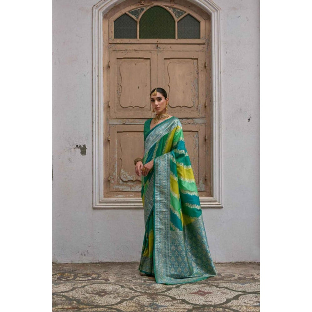 Isadora Life Womens Woven Zari Multi-Color Pre-Draped Saree With Unstitched Blouse