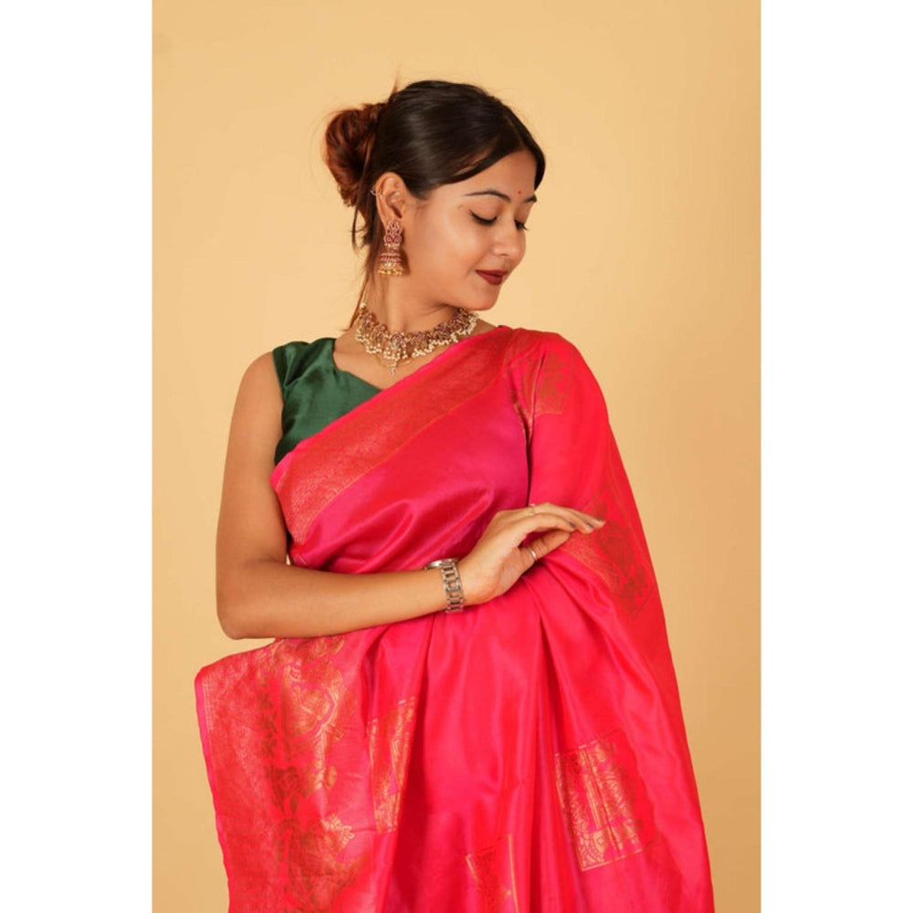 Isadora Life Womens Woven Zari Pink Pre-Draped Saree With Unstitched Blouse