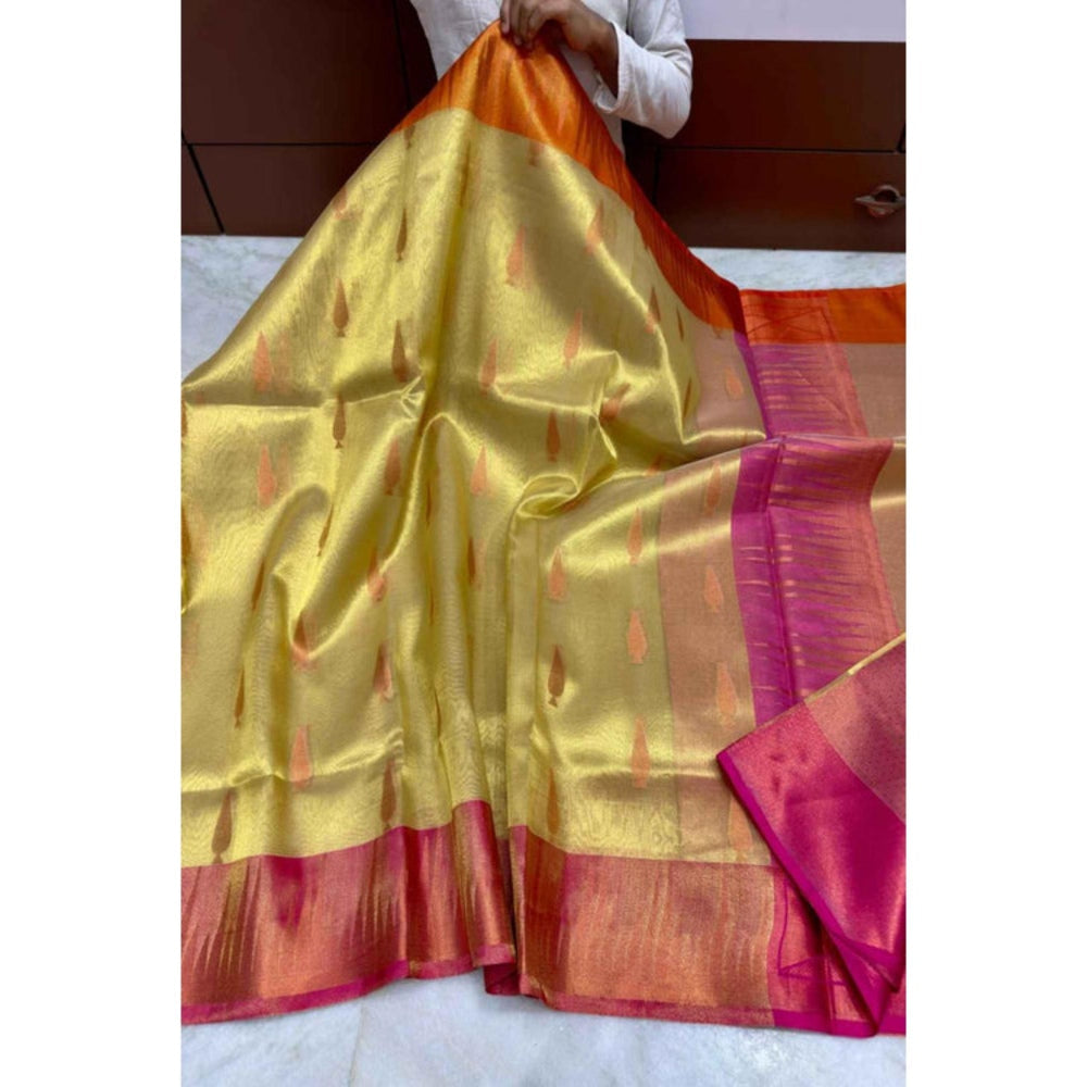 Isadora Life Womens Woven Zari Beige Pre-Draped Saree With Unstitched Blouse