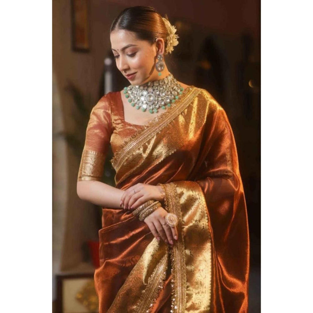 Isadora Life Womens Woven Zari Brown Pre-Draped Saree With Unstitched Blouse