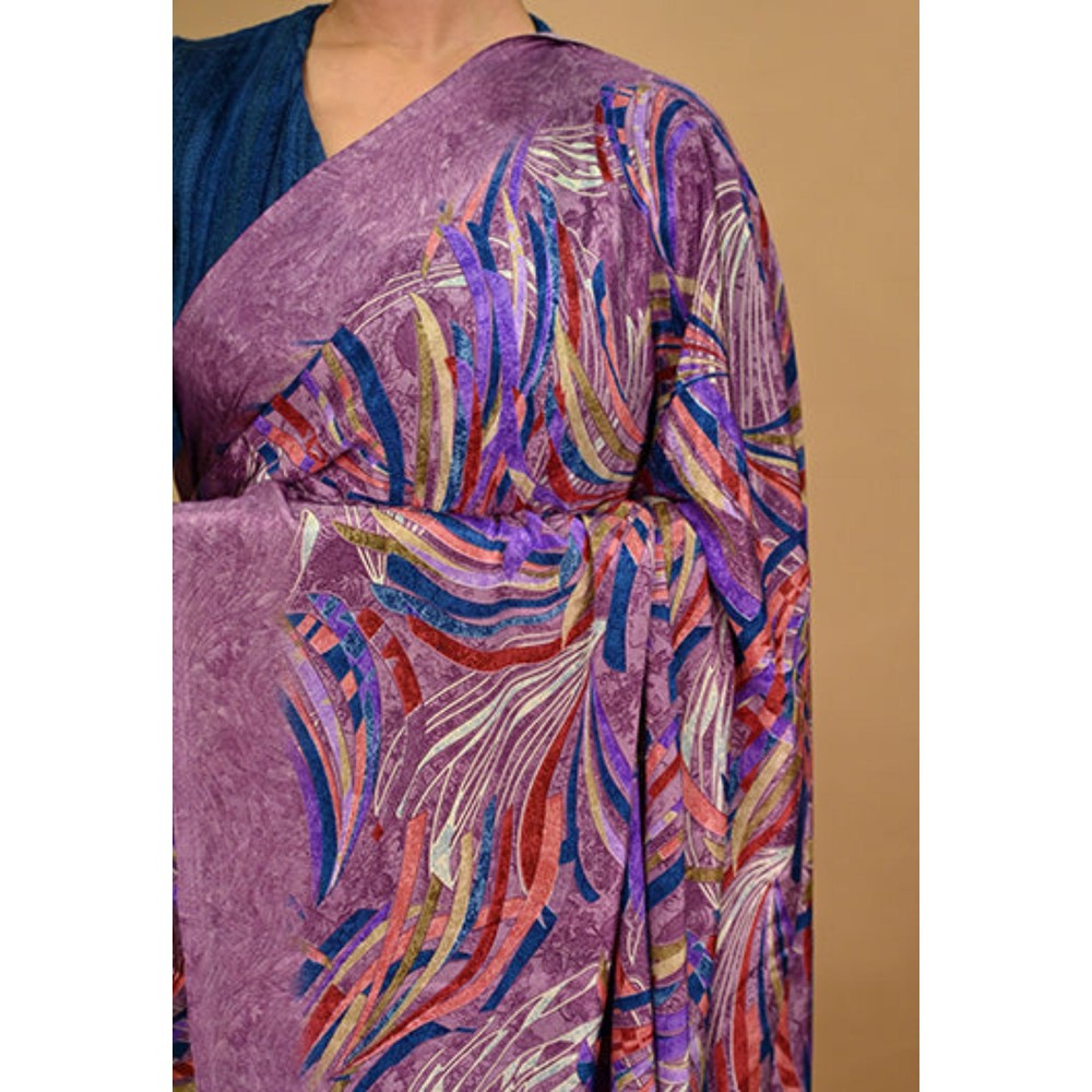 Isadora Life Womens Printed Purple Pre-Draped Saree With Unstitched Blouse