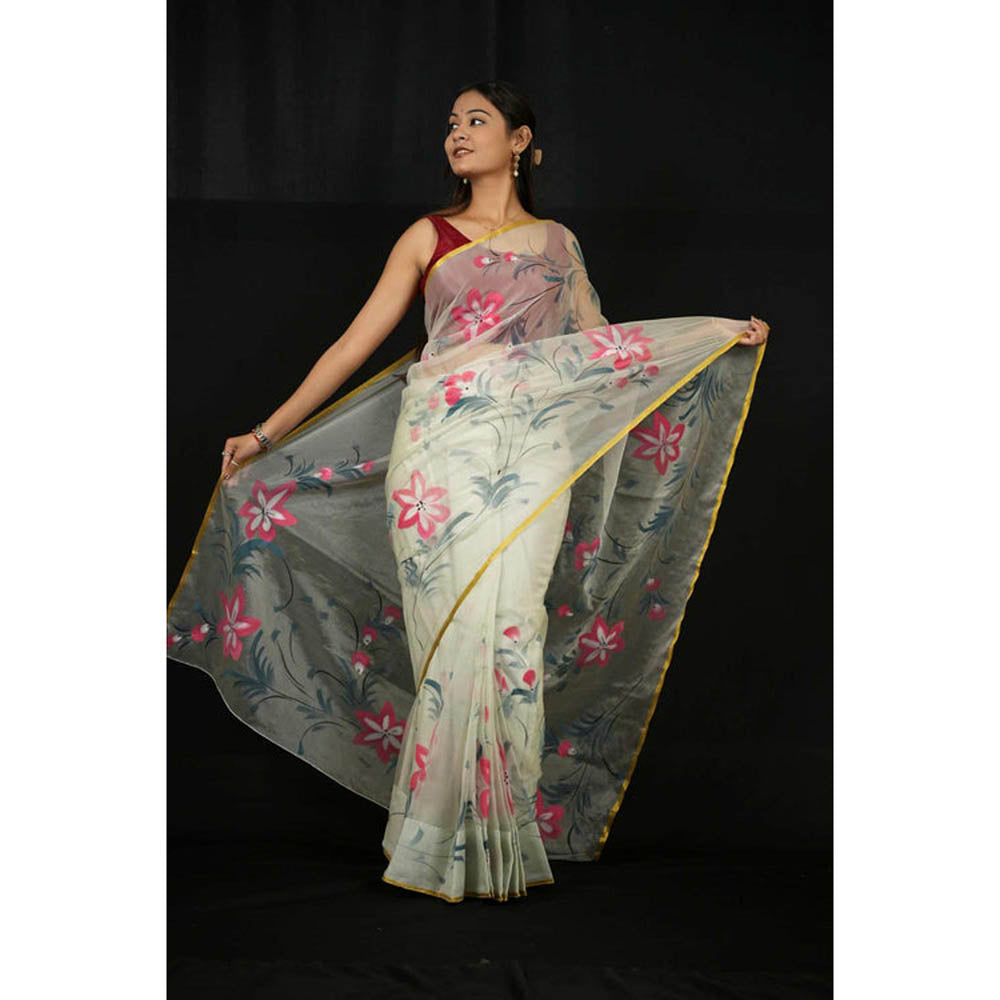 Isadora Life Womens Floral Printed Cream Pre-Draped Saree With Unstitched Blouse