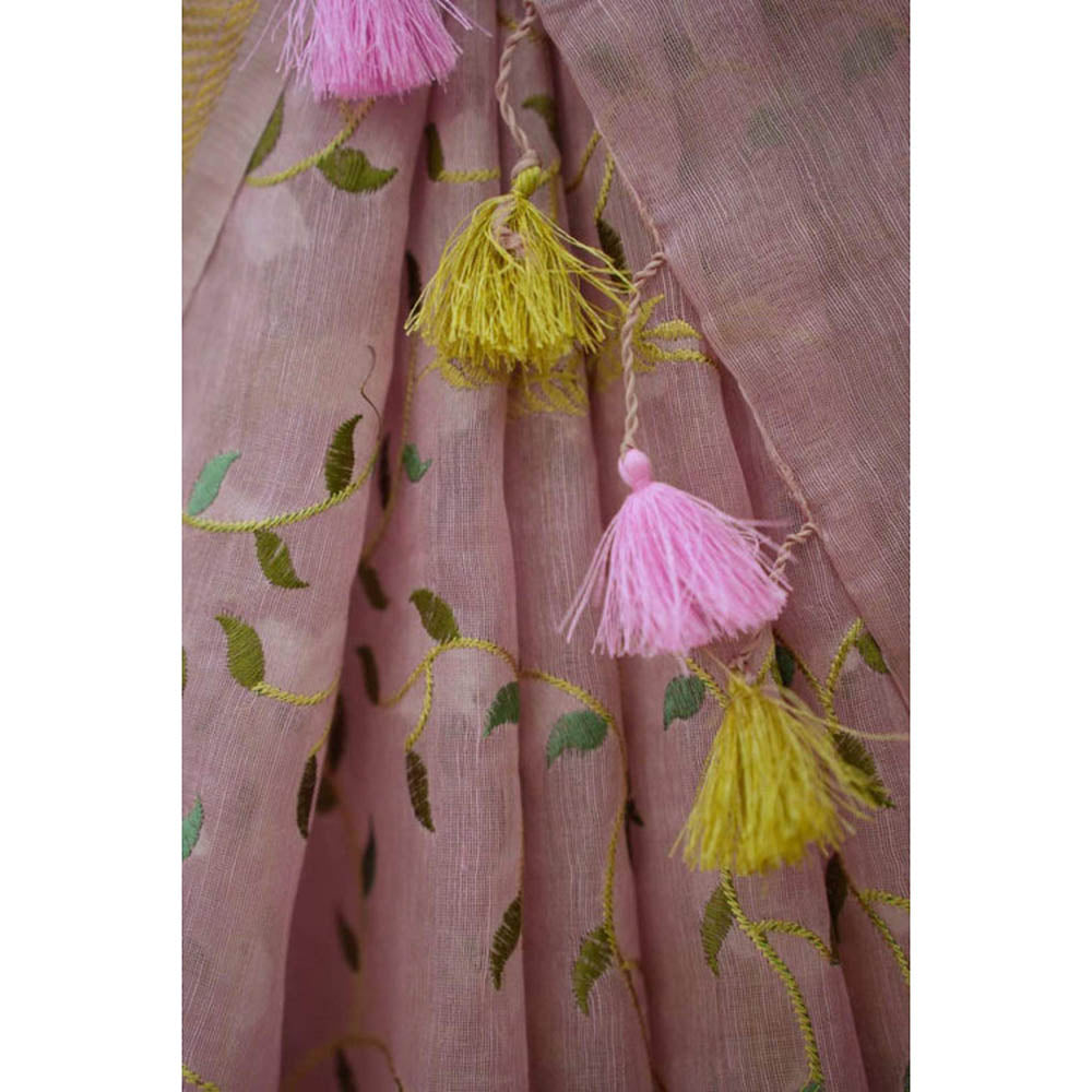 Isadora Life Womens Floral Embroidered Pink Pre-Draped Saree With Unstitched Blouse
