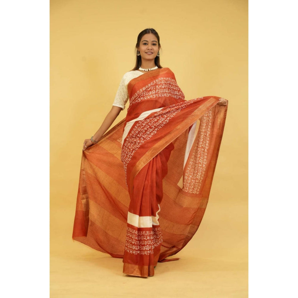 Isadora Life Womens Printed Rust Pre-Draped Saree With Unstitched Blouse