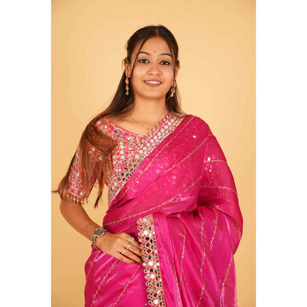 Isadora Life Womens Sequined Mirror Work Pink Pre-Draped Saree With Unstitched Blouse
