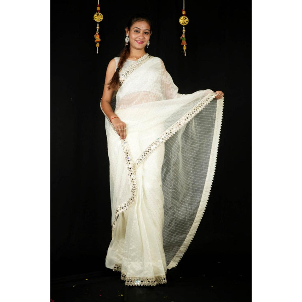 Isadora Life Womens Sequined Mirror Work White Pre-Draped Saree With Unstitched Blouse