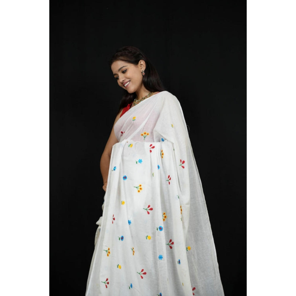 Isadora Life Womens Embroidered Tassels White Pre-Draped Saree With Unstitched Blouse