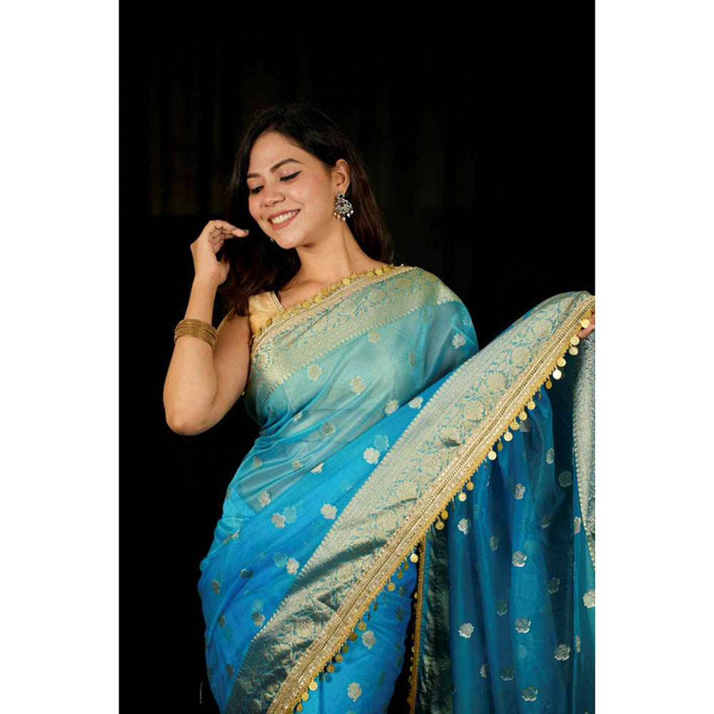 Isadora Life Womens Woven Sequined Blue Pre-Draped Saree With Unstitched Blouse