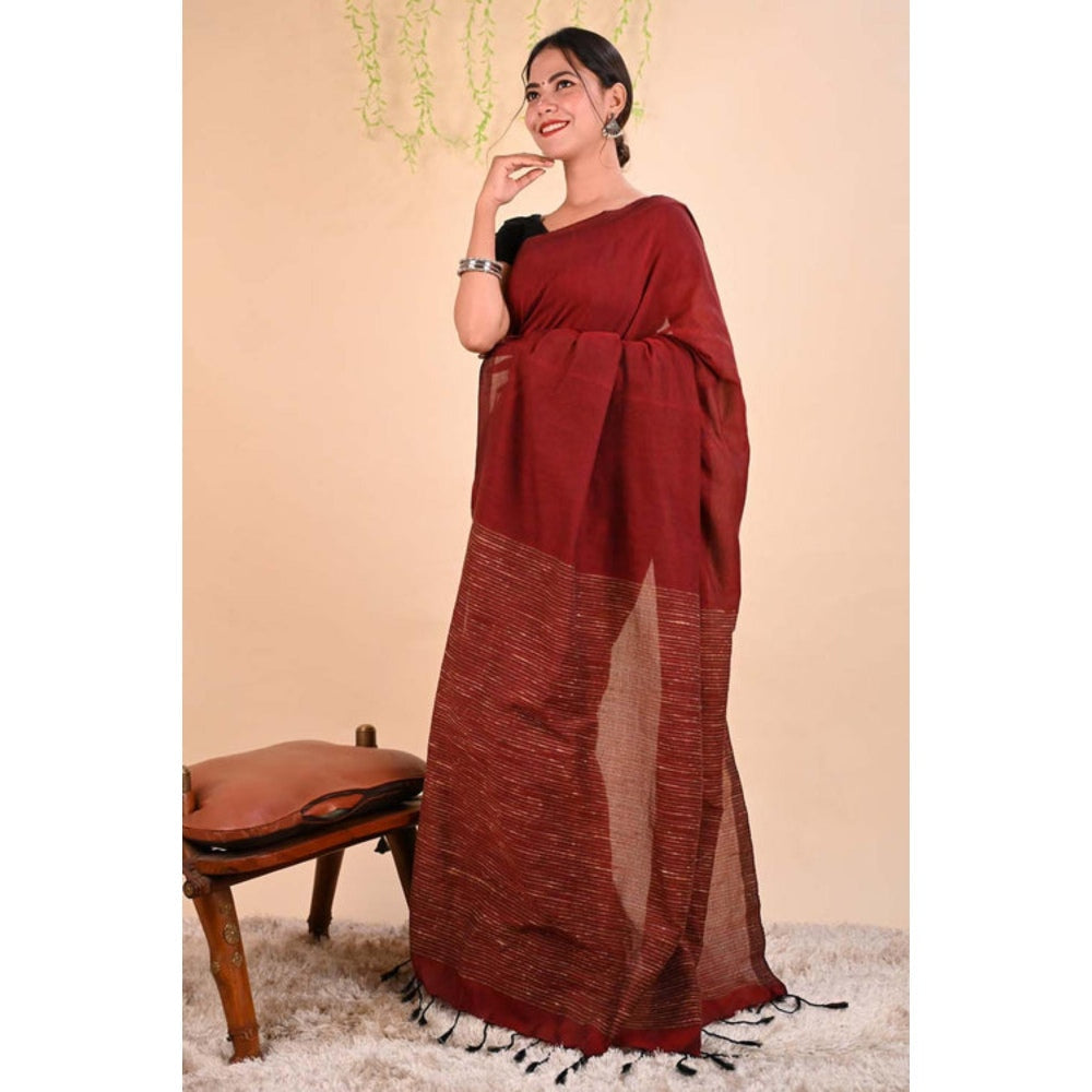 Isadora Life Womens Woven Tassels Maroon Pre-Draped Saree With Unstitched Blouse