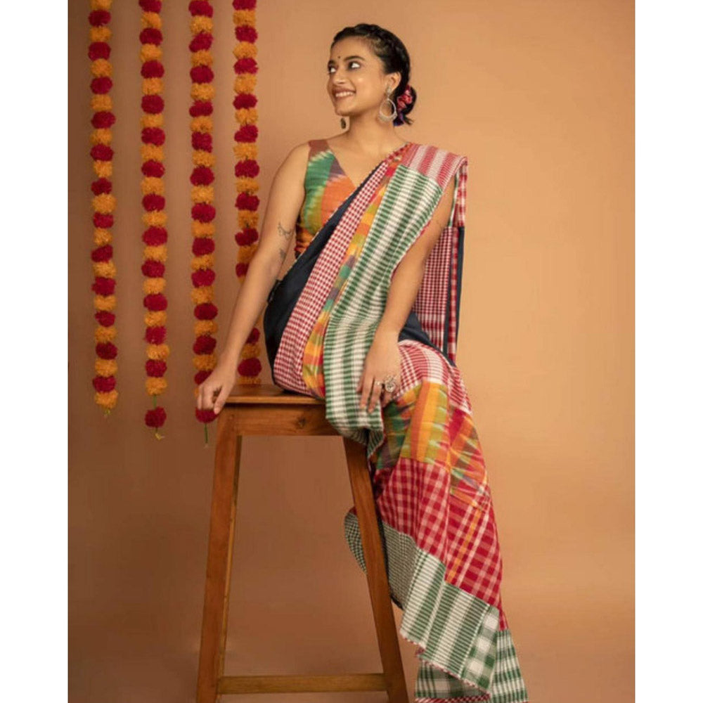 Isadora Life Womens Printed Multi-Color Pre-Draped Saree With Unstitched Blouse