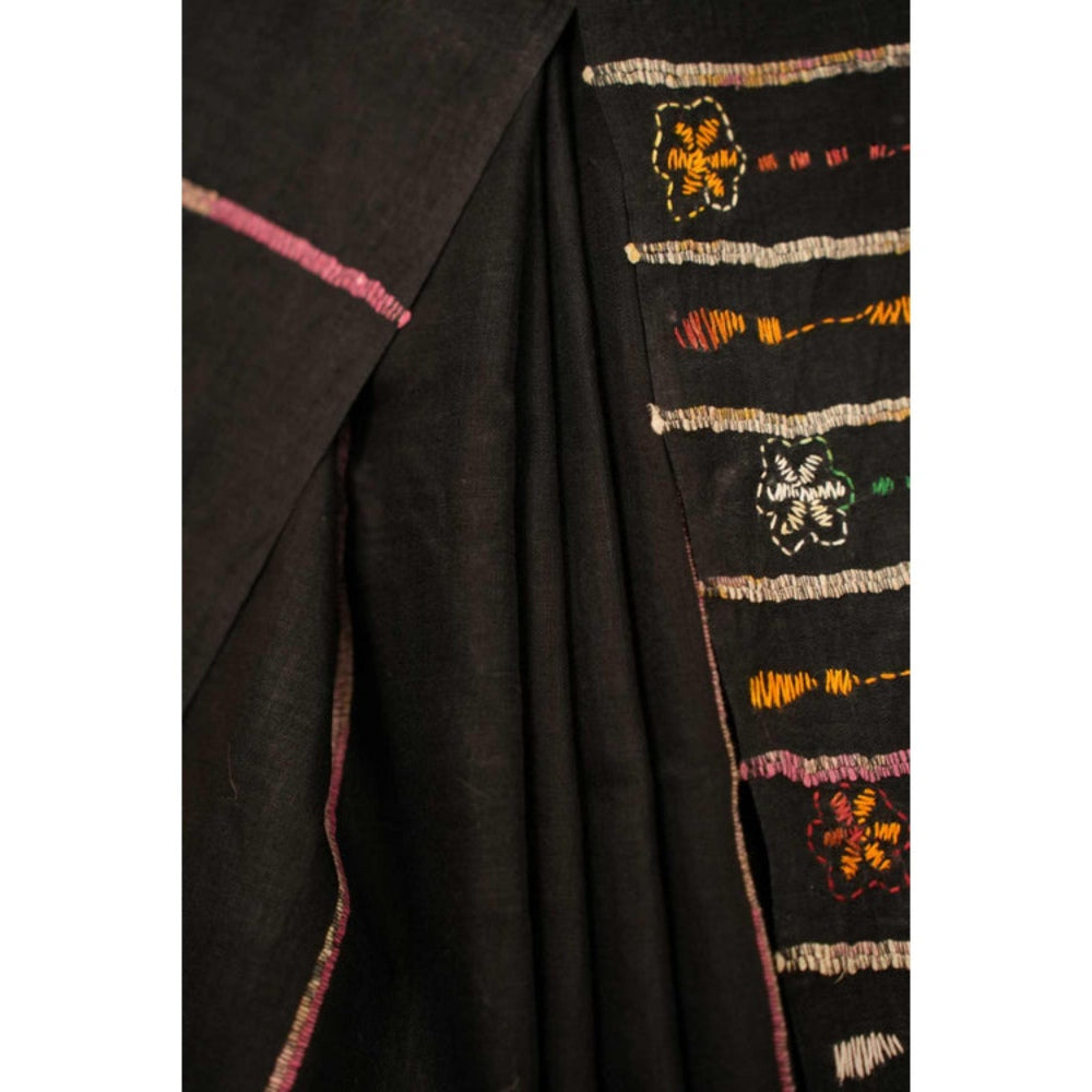 Isadora Life Womens Embroidered Tassels Black Pre-Draped Saree With Unstitched Blouse