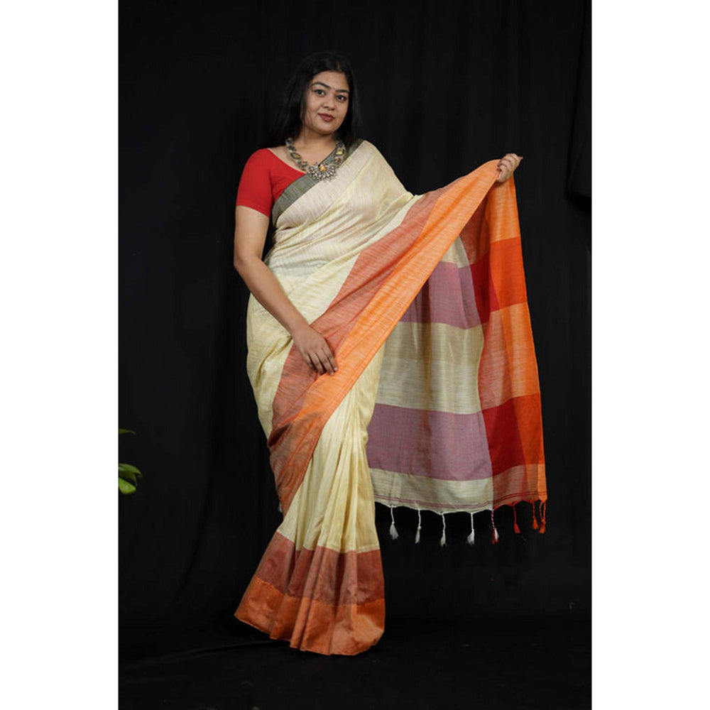 Isadora Life Womens Woven Tassels Cream Pre-Draped Saree With Unstitched Blouse