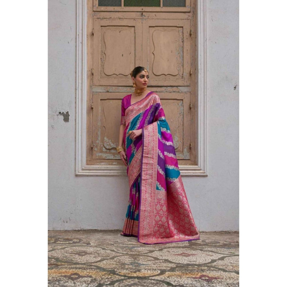 Isadora Life Womens Woven Zari Multi-Color Pre-Draped Saree With Unstitched Blouse