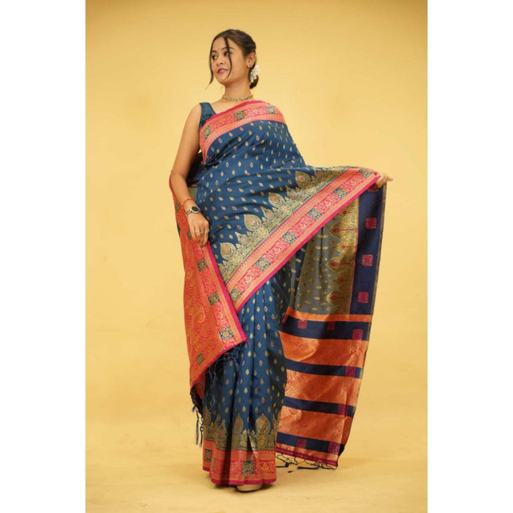 Isadora Life Womens Woven Tassels Blue Pre-Draped Saree With Unstitched Blouse