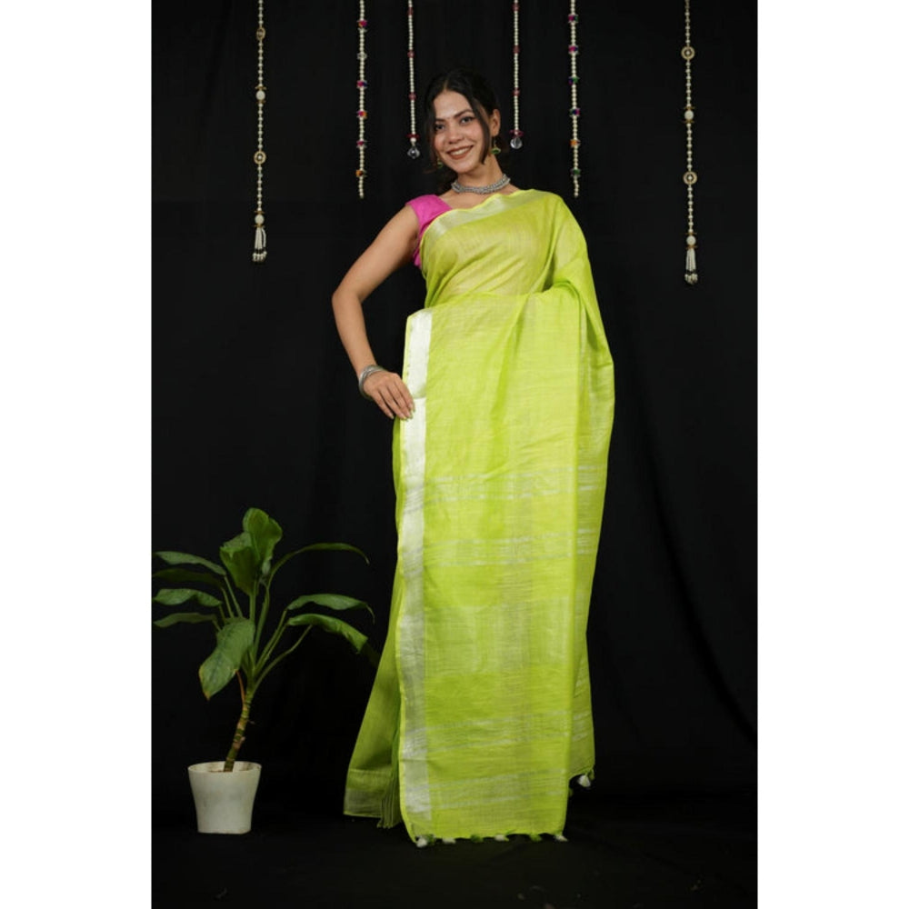 Isadora Life Womens Solid Tassels Green Pre-Draped Saree With Unstitched Blouse