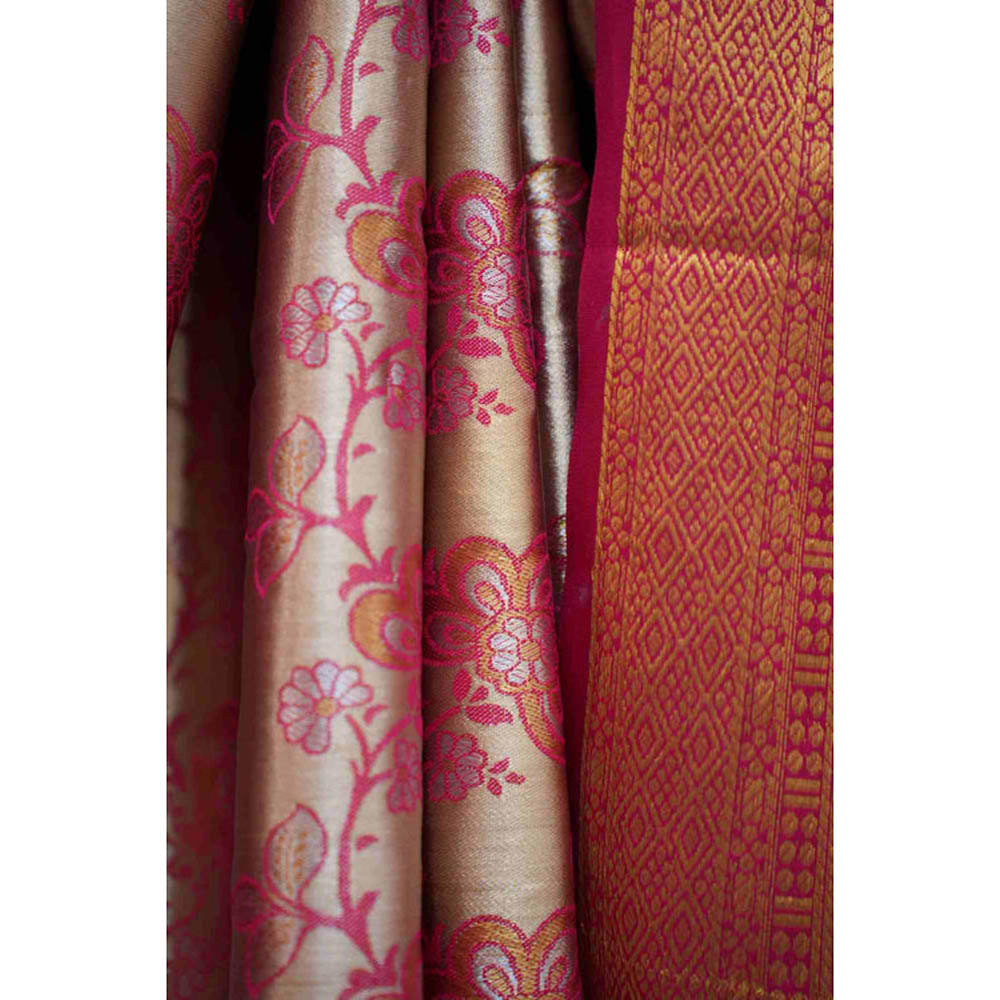 Isadora Life Womens Floral Zari Beige Pre-Draped Saree With Unstitched Blouse