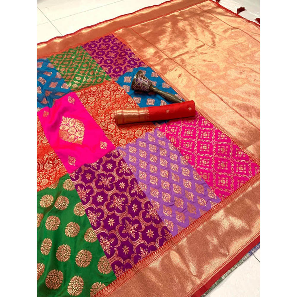 Isadora Life Womens Printed Tassels Multi-Color Pre-Draped Saree With Unstitched Blouse