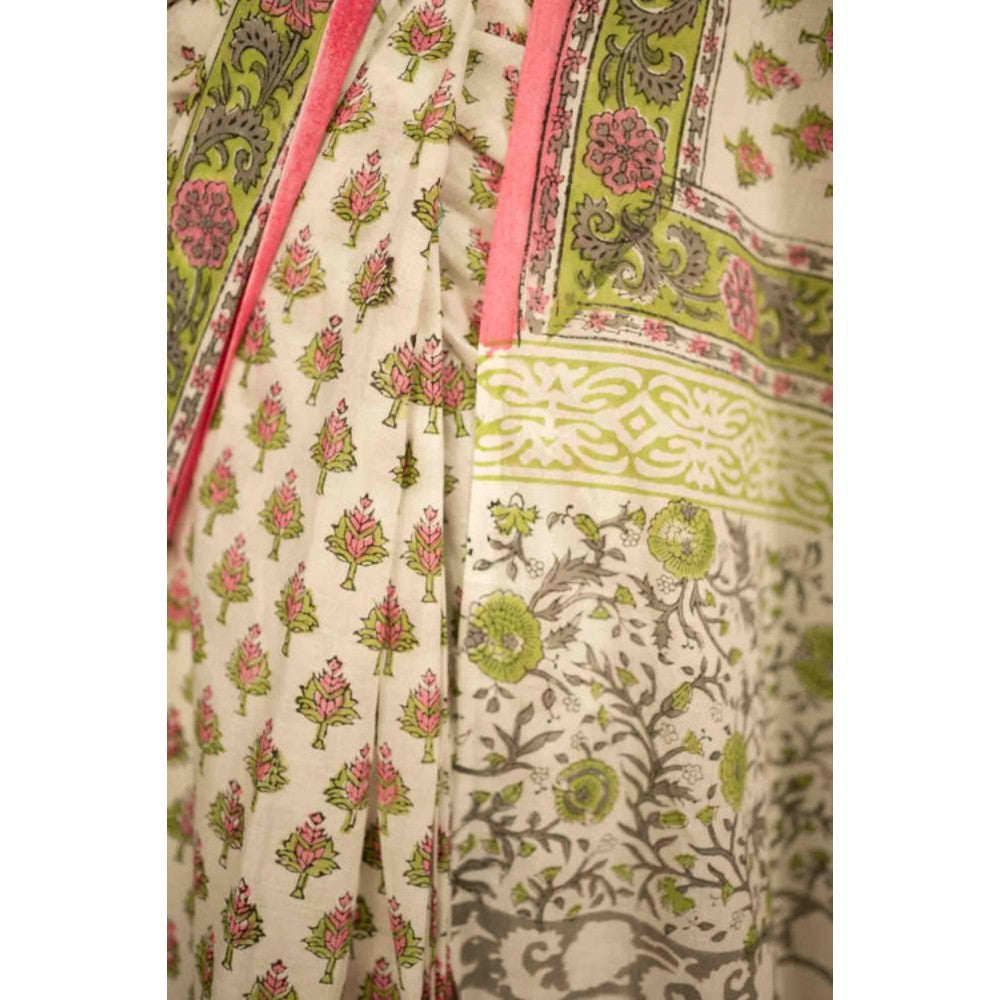 Isadora Life Womens Floral Printed Beige Pre-Draped Saree With Unstitched Blouse