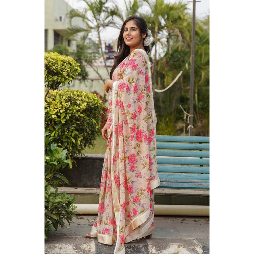 Isadora Life Womens Floral Printed Beige Pre-Draped Saree With Unstitched Blouse