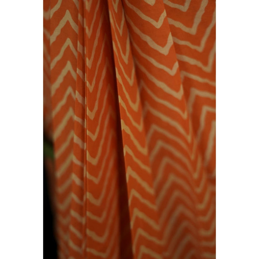 Isadora Life Womens Printed Orange Pre-Draped Saree With Unstitched Blouse
