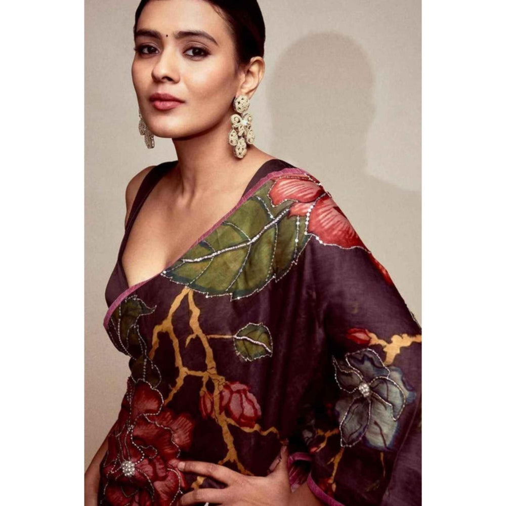 Isadora Life Womens Embroidered Kalamkari Purple Pre-Draped Saree With Unstitched Blouse