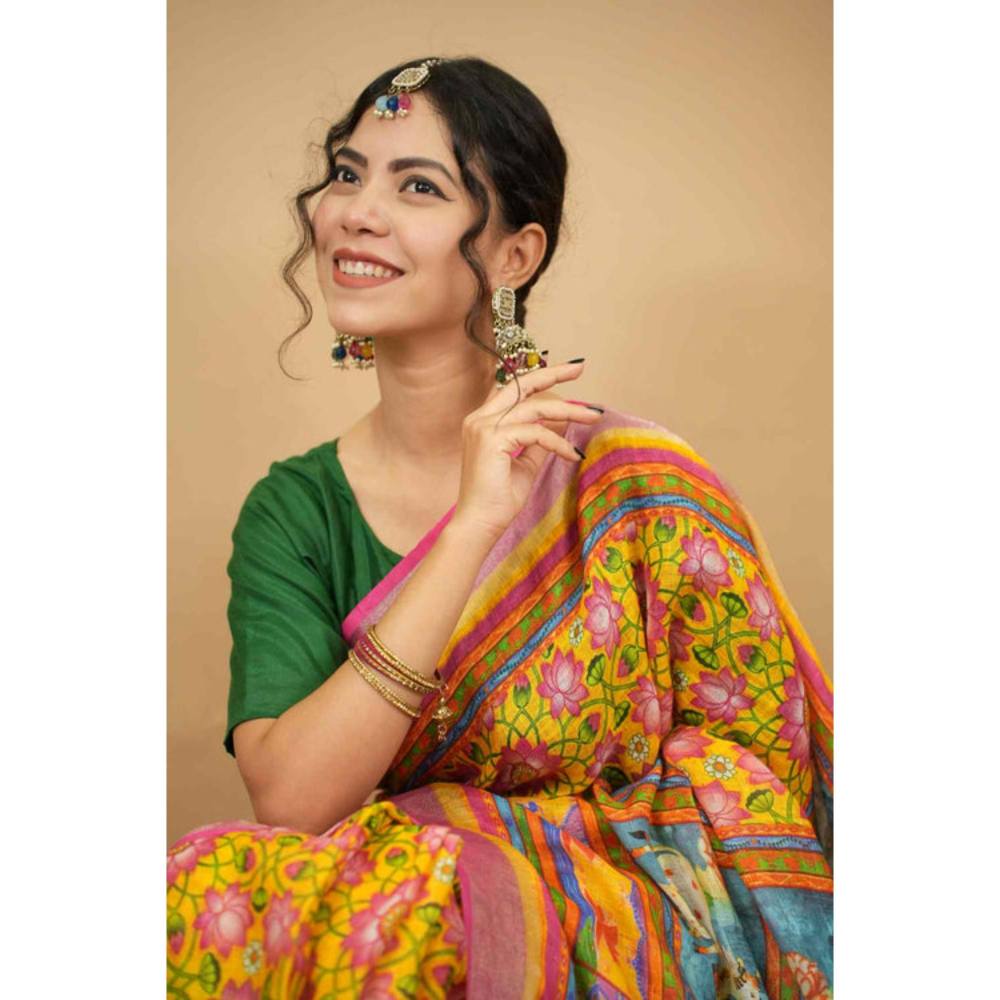 Isadora Life Womens Printed Tassels Multi-Color Pre-Draped Saree With Unstitched Blouse