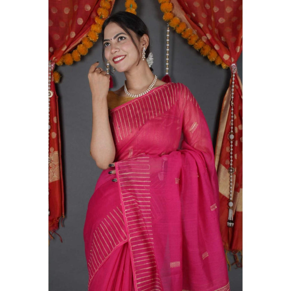 Isadora Life Womens Printed Tassels Pink Pre-Draped Saree With Unstitched Blouse
