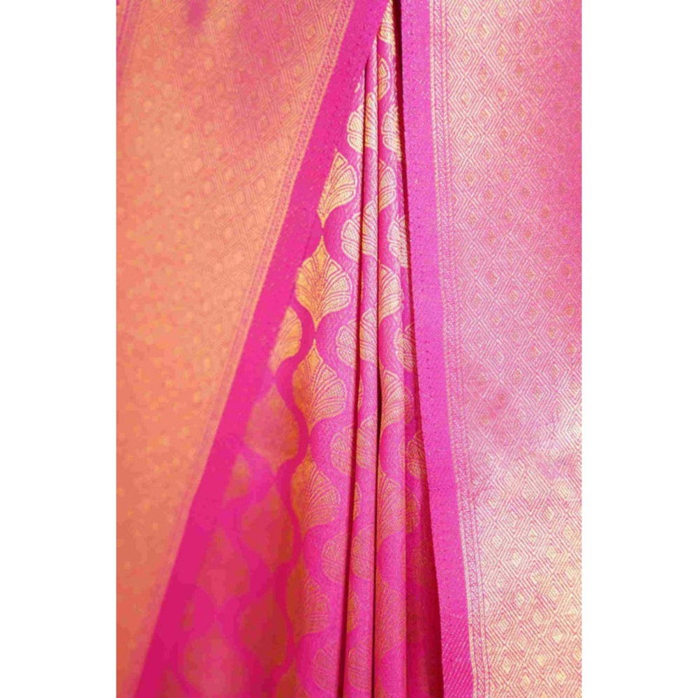Isadora Life Womens Woven Tassels Pink Pre-Draped Saree With Unstitched Blouse