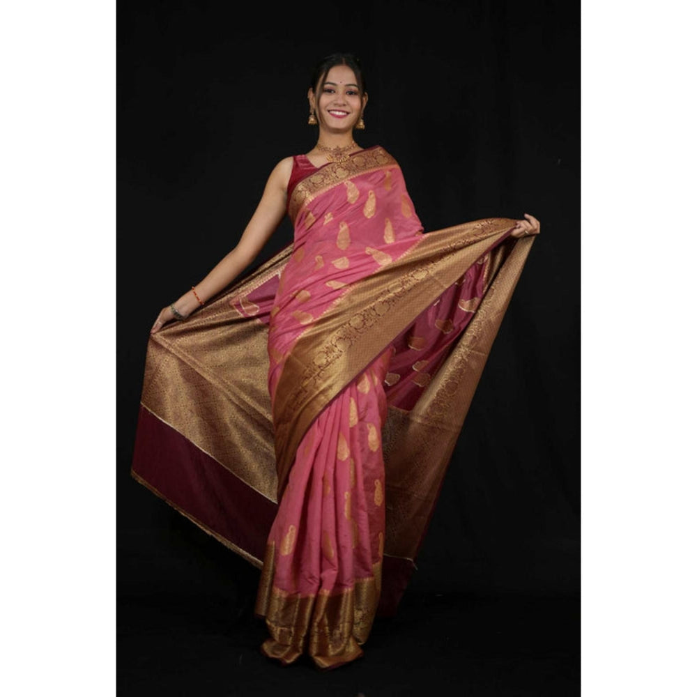 Isadora Life Womens Paisley Zari Pink Pre-Draped Saree With Unstitched Blouse