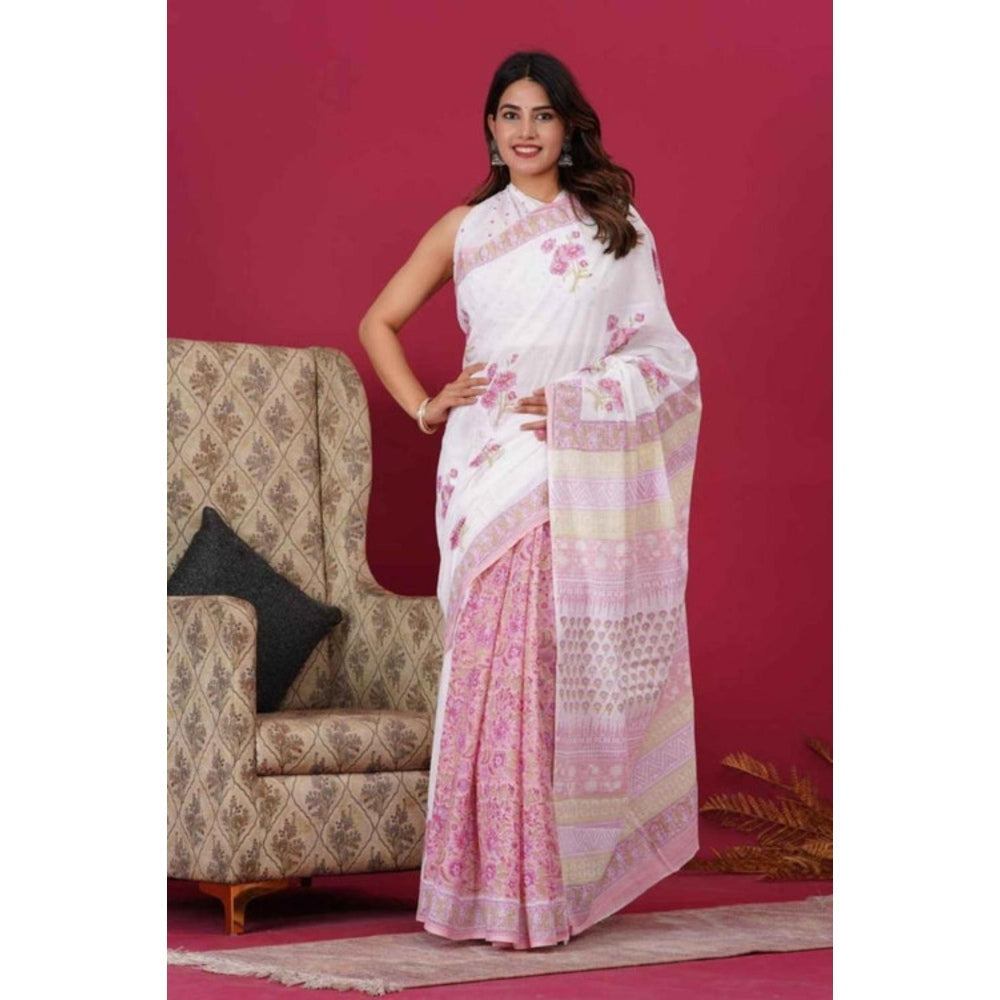 Isadora Life Womens Floral Hand Block White Pre-Draped Saree With Unstitched Blouse