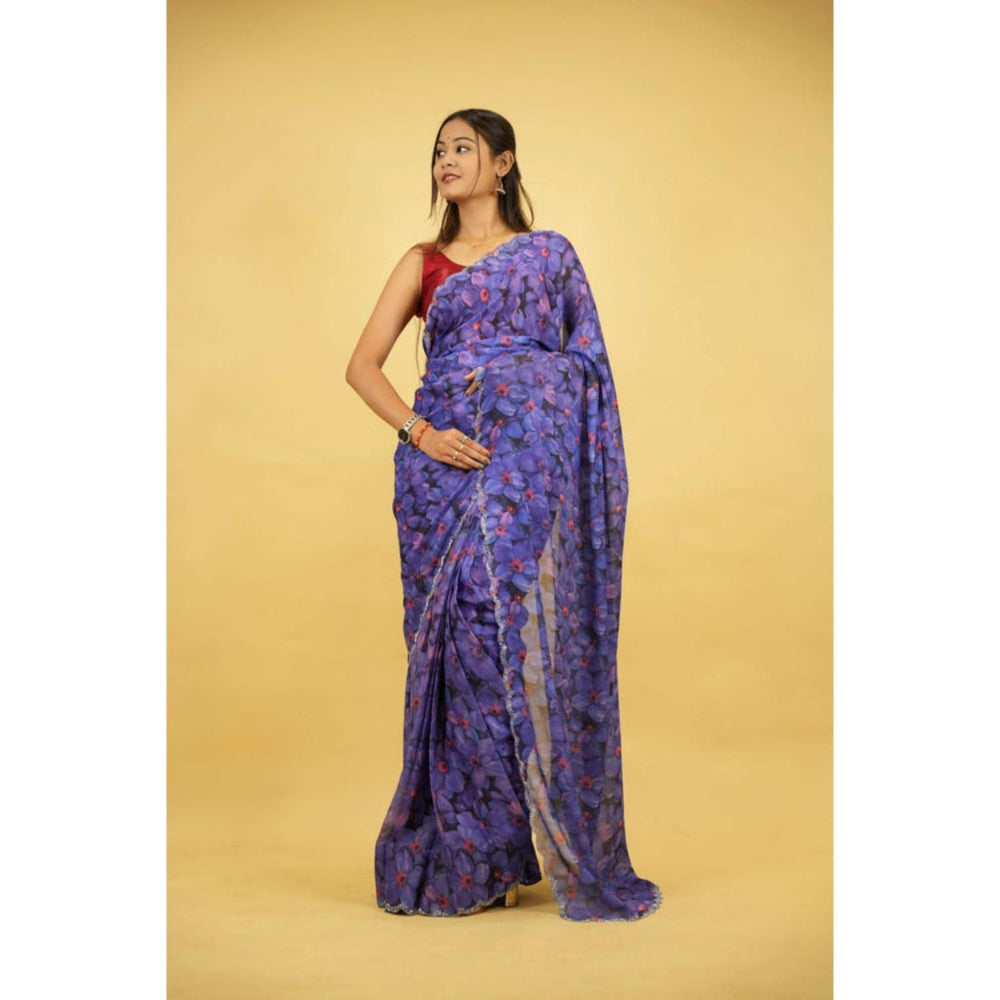 Isadora Life Womens Floral Printed Blue Pre-Draped Saree With Unstitched Blouse