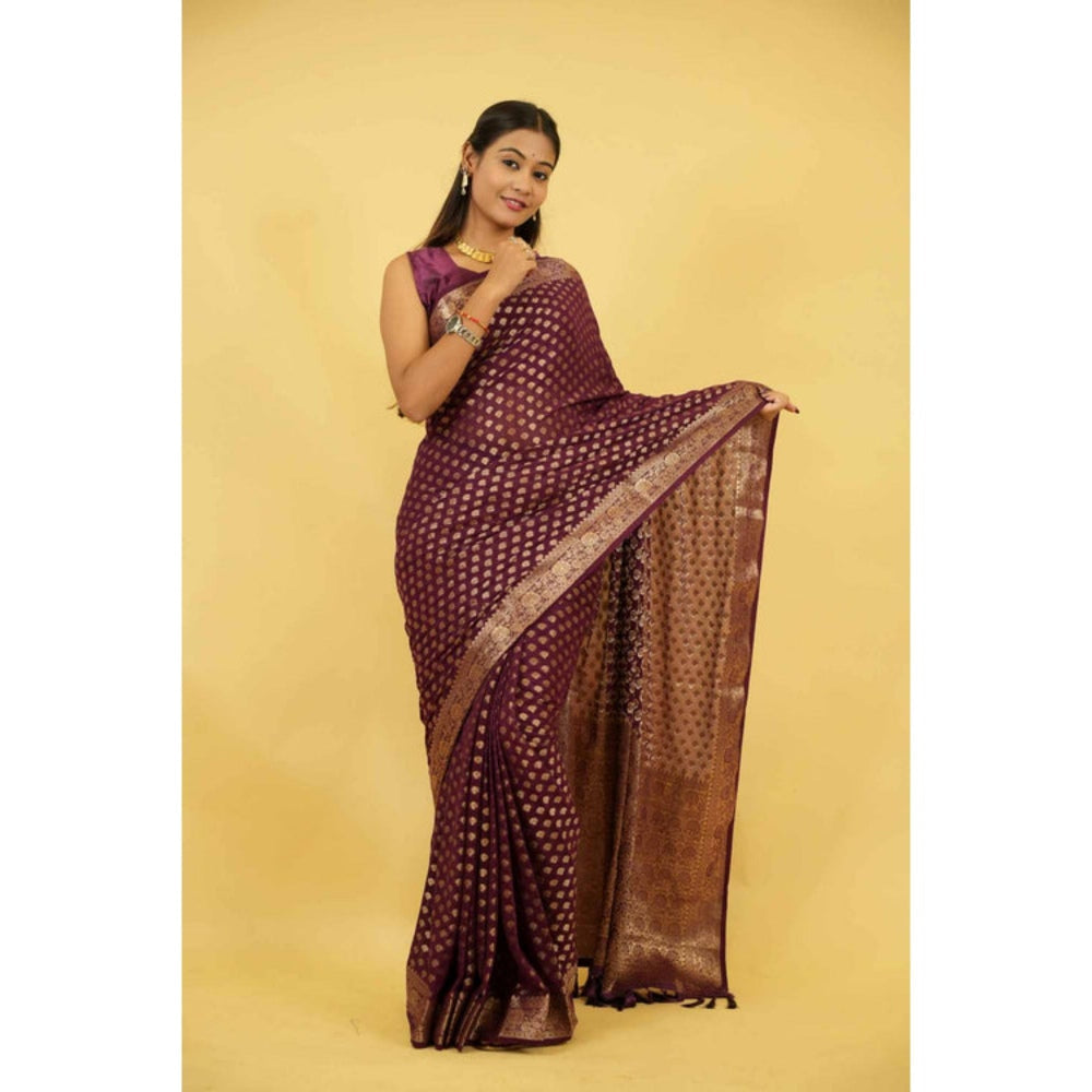Isadora Life Womens Woven Zari Purple Pre-Draped Saree With Unstitched Blouse