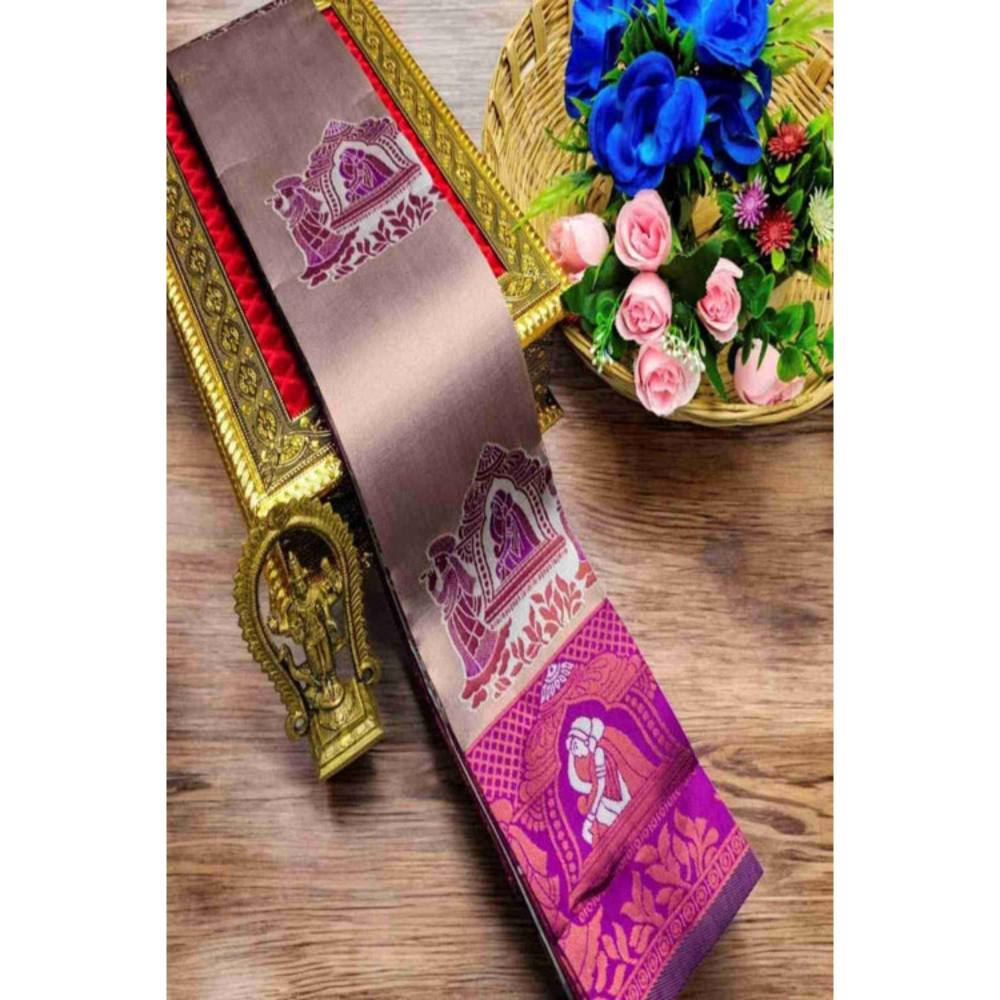 Isadora Life Womens Floral Printed Purple Pre-Draped Saree With Unstitched Blouse