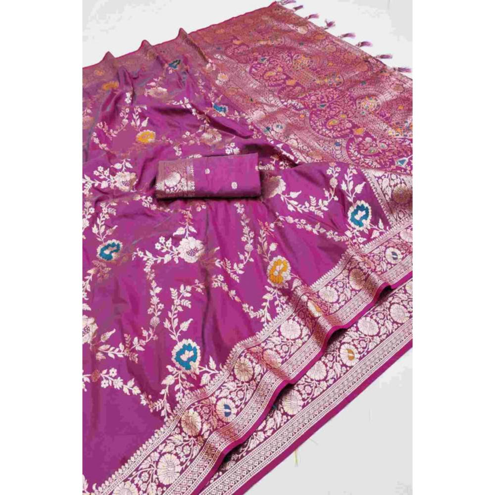 Isadora Life Womens Woven Zari Pink Pre-Draped Saree With Unstitched Blouse