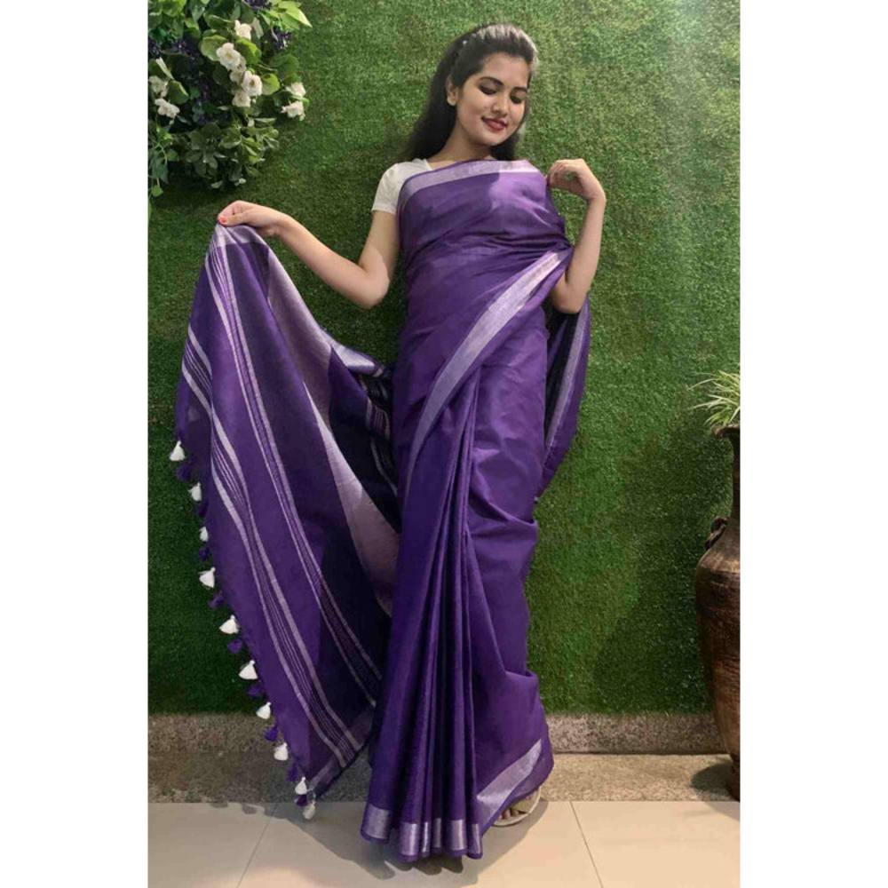 Isadora Life Womens Woven Tassels Purple Pre-Draped Saree With Unstitched Blouse