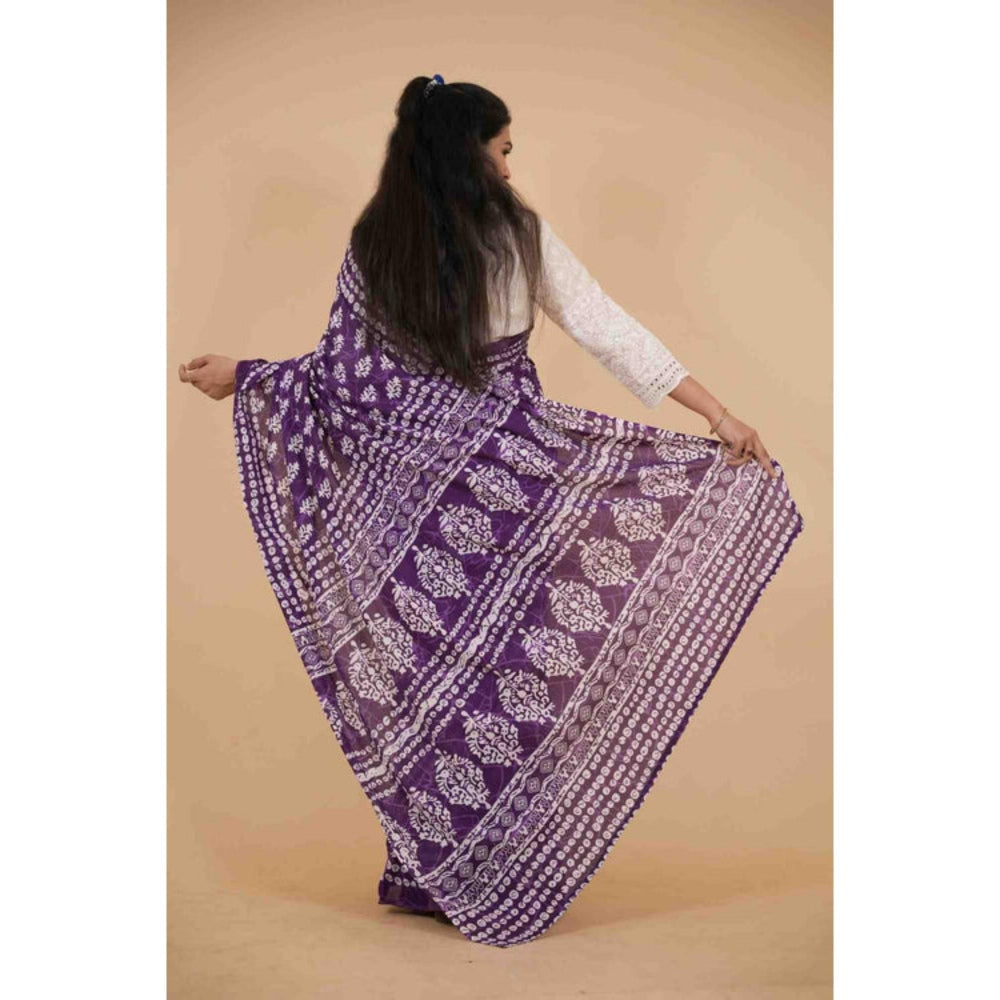 Isadora Life Womens Printed Purple Pre-Draped Saree With Unstitched Blouse