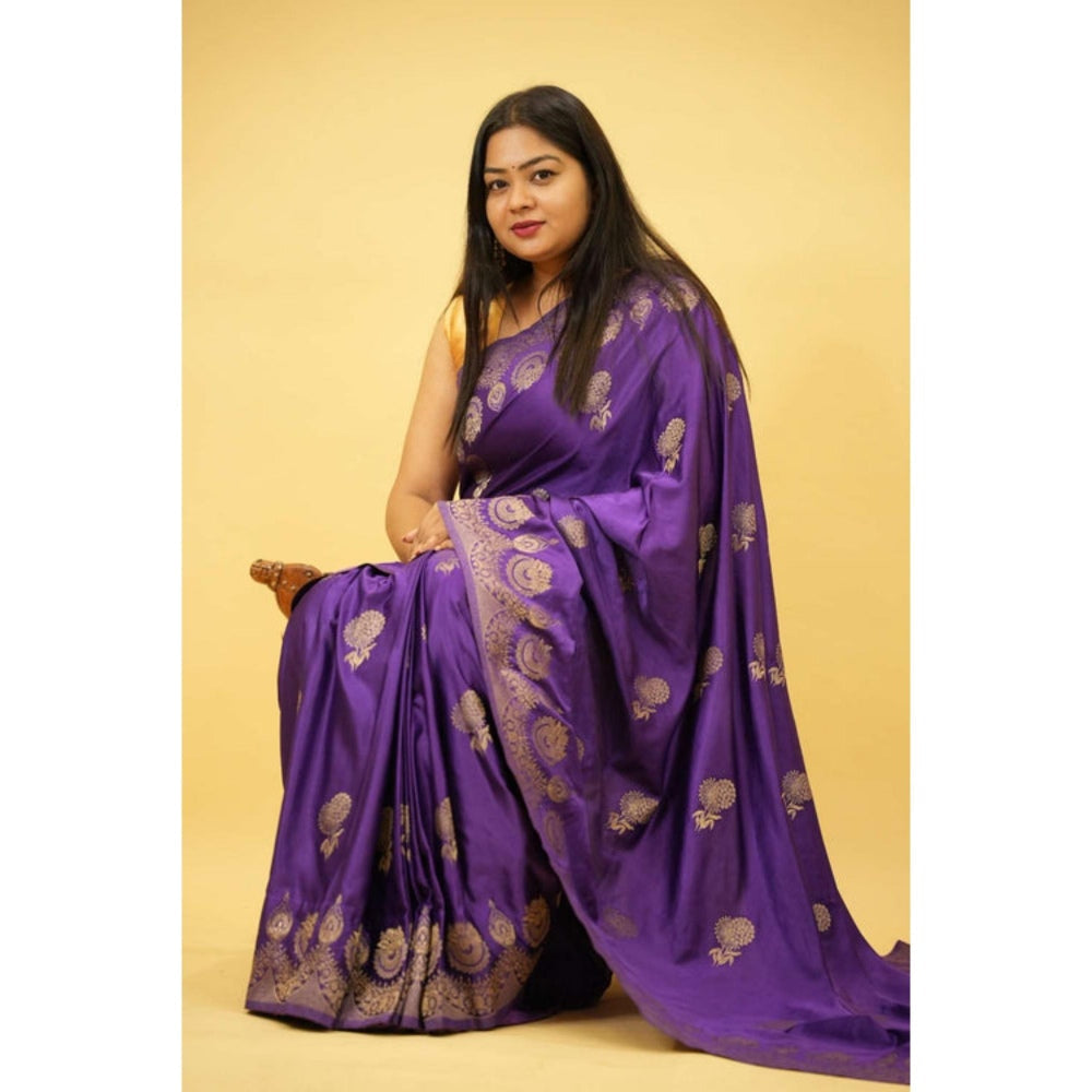 Isadora Life Womens Woven Zari Purple Pre-Draped Saree With Unstitched Blouse