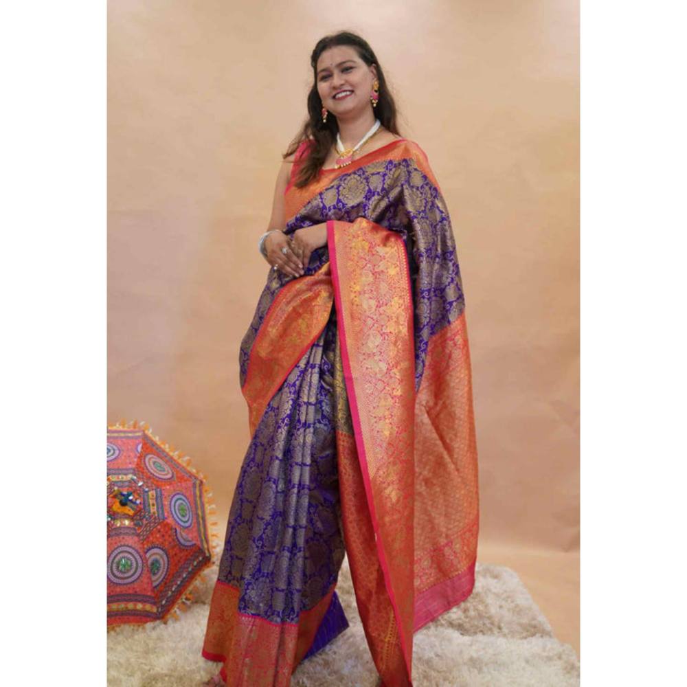 Isadora Life Womens Woven Zari Blue Pre-Draped Saree With Unstitched Blouse