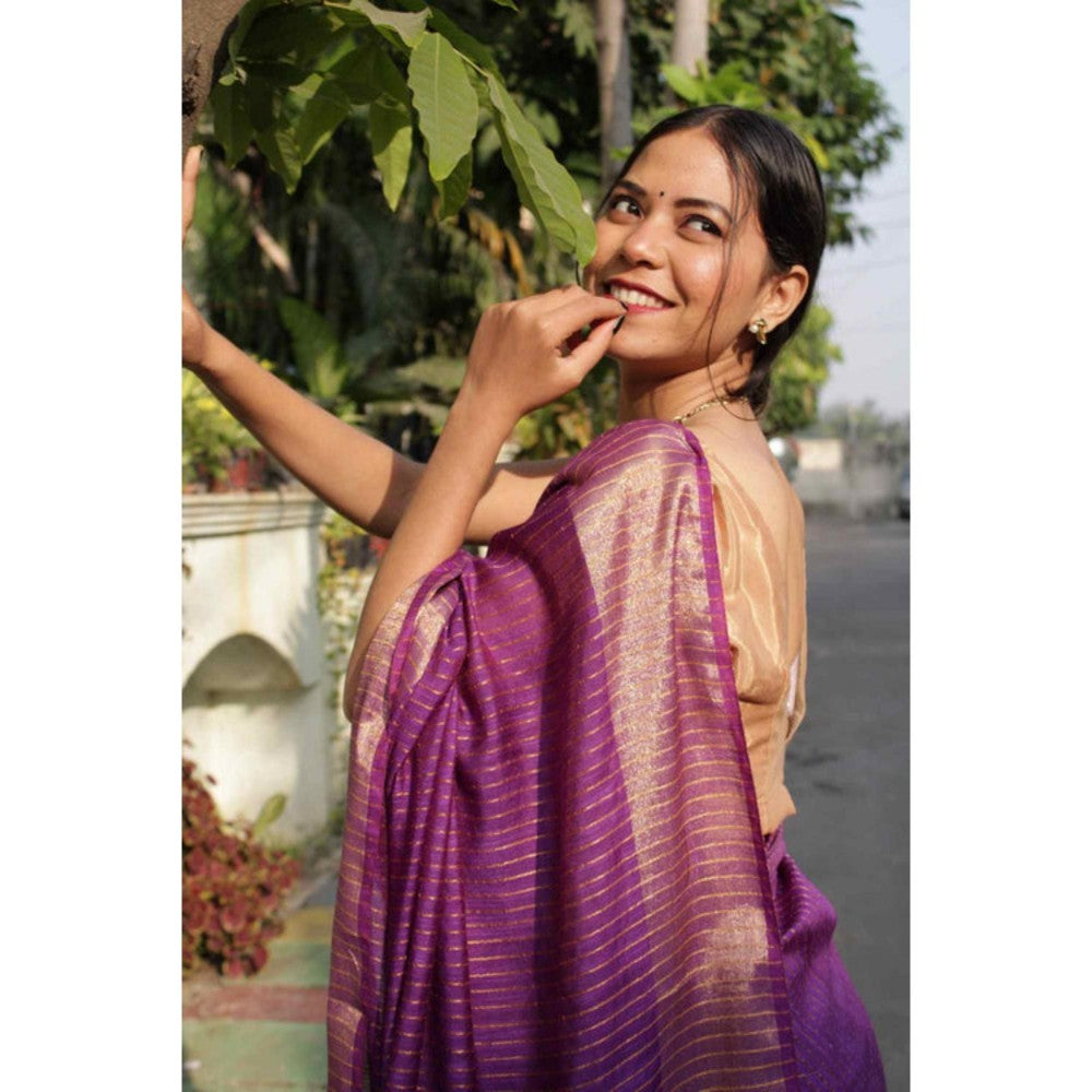 Isadora Life Womens Stripes Tassels Purple Pre-Draped Saree With Unstitched Blouse
