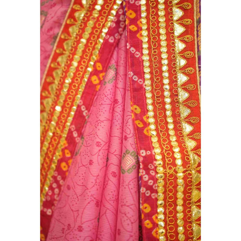 Isadora Life Womens Bandhani Printed Pink Pre-Draped Saree With Unstitched Blouse
