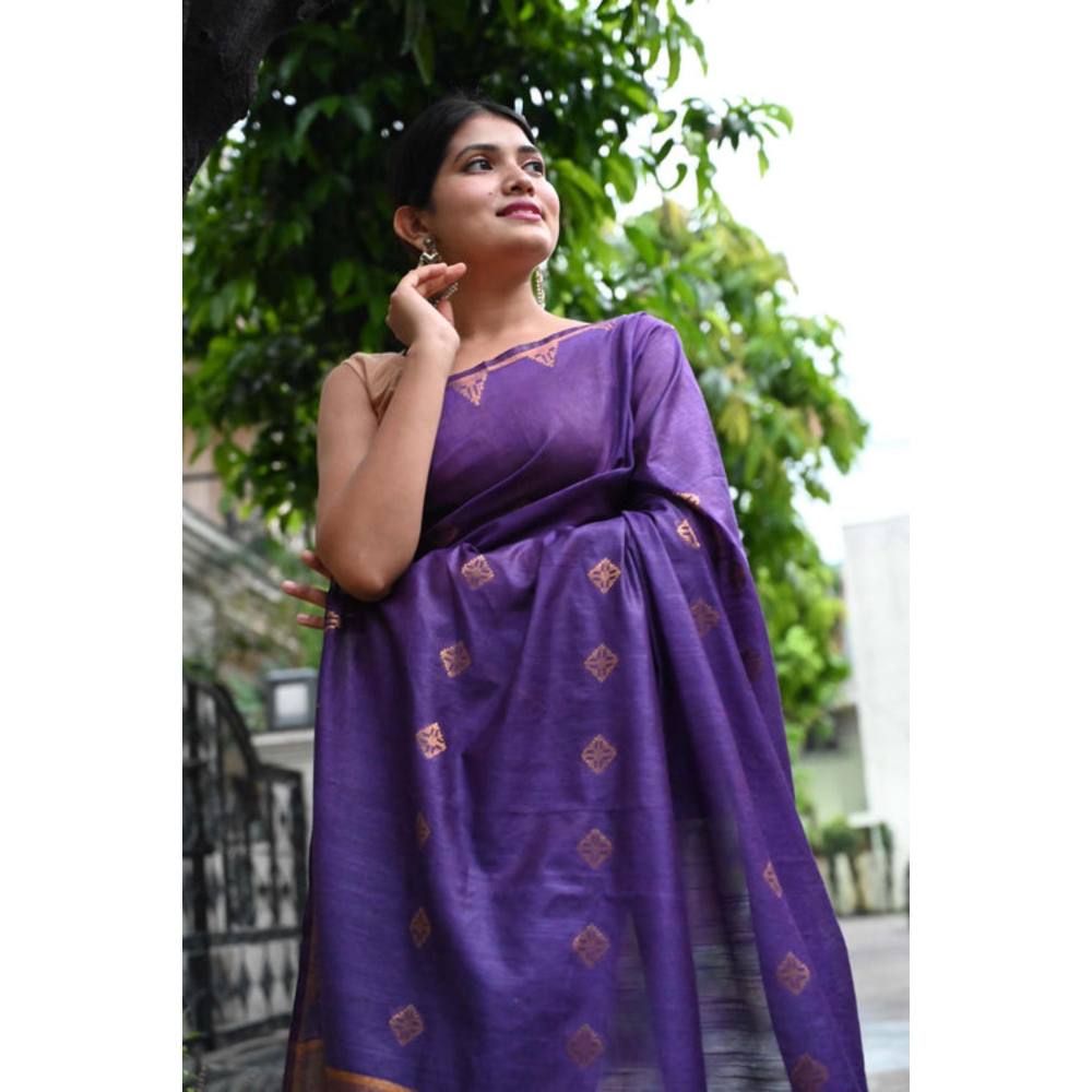 Isadora Life Womens Woven Tassels Purple Pre-Draped Saree With Unstitched Blouse