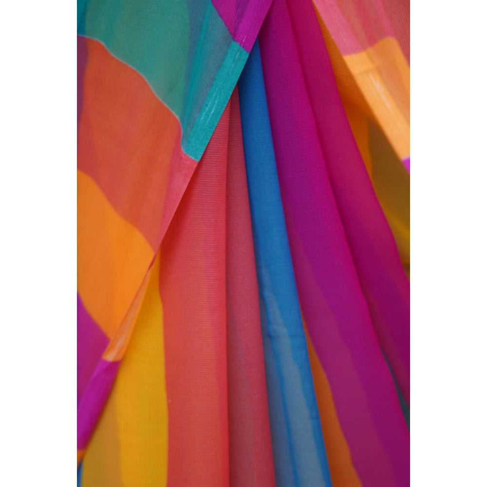 Isadora Life Womens Printed Stripes Multi-Color Pre-Draped Saree With Unstitched Blouse