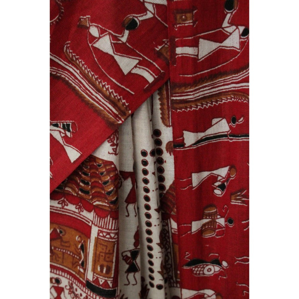 Isadora Life Womens Kalamkari Printed White Pre-Draped Saree With Unstitched Blouse