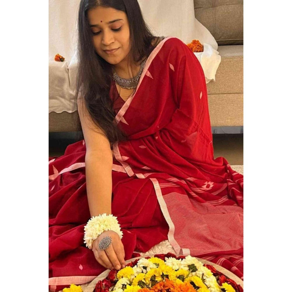 Isadora Life Womens Woven Tassels Pink Pre-Draped Saree With Unstitched Blouse