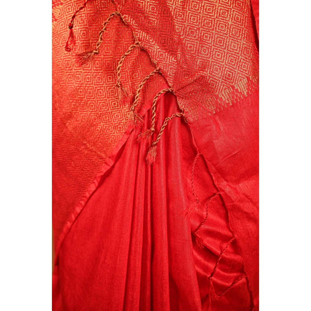 Isadora Life Womens Woven Tassels Red Pre-Draped Saree With Unstitched Blouse