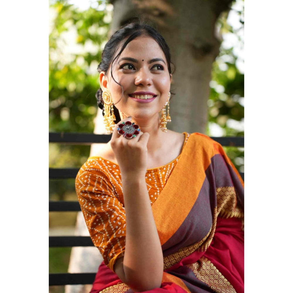 Isadora Life Womens Printed Tassels Multi-Color Pre-Draped Saree With Unstitched Blouse