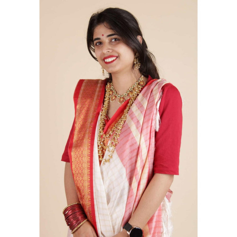 Isadora Life Womens Checks Tassels White Pre-Draped Saree With Unstitched Blouse